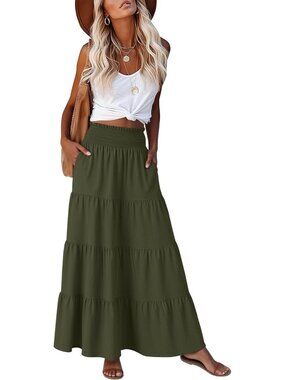 Anrabess Women's Army Green High Waist A-Line Tiered Long Flowy Maxi Skirts